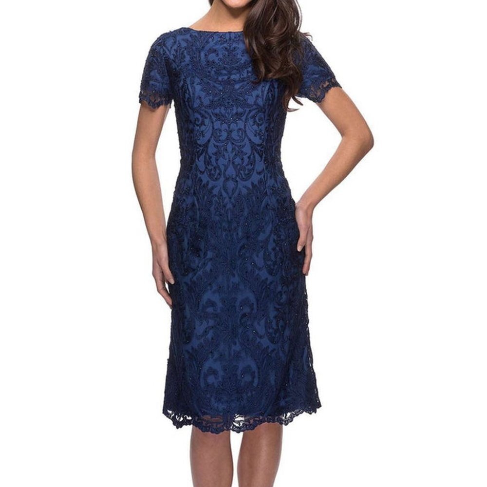 La Femme Slate Blue Rhinestone Embellished Cocktail Dress